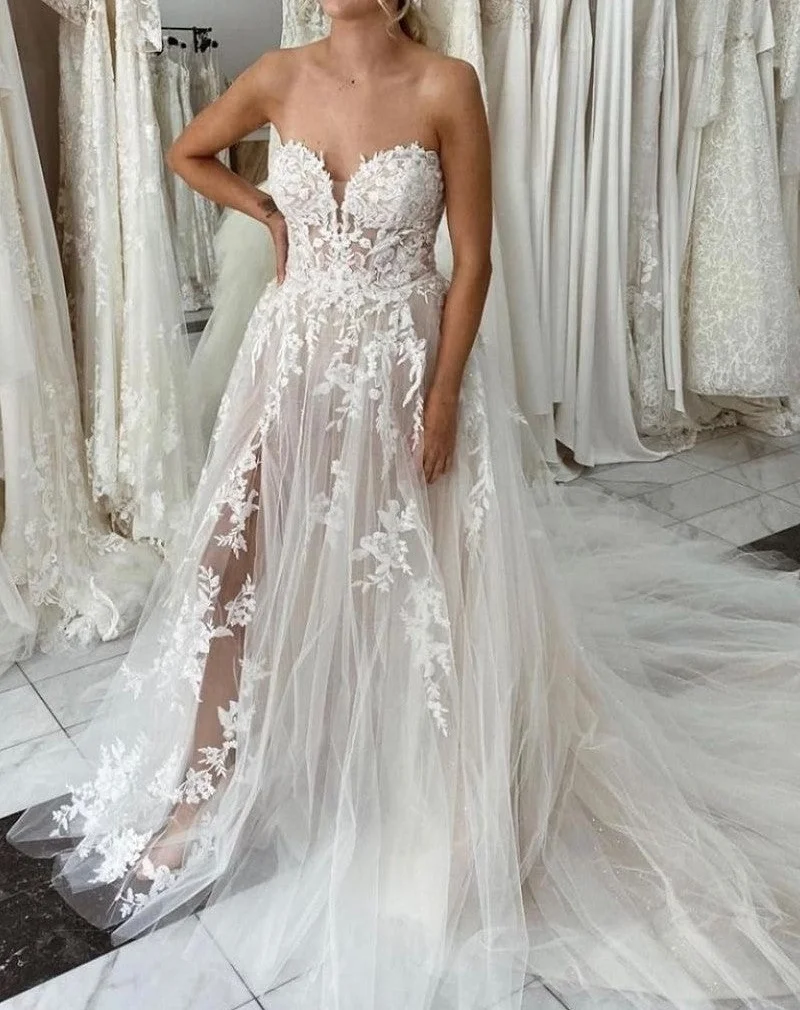 11838 # Strapless Classic Sweetheart Lace Backless Elegante Boho Sexy Eenvoudige Mouwloze Strand Trouwjurk Bruidsjurk