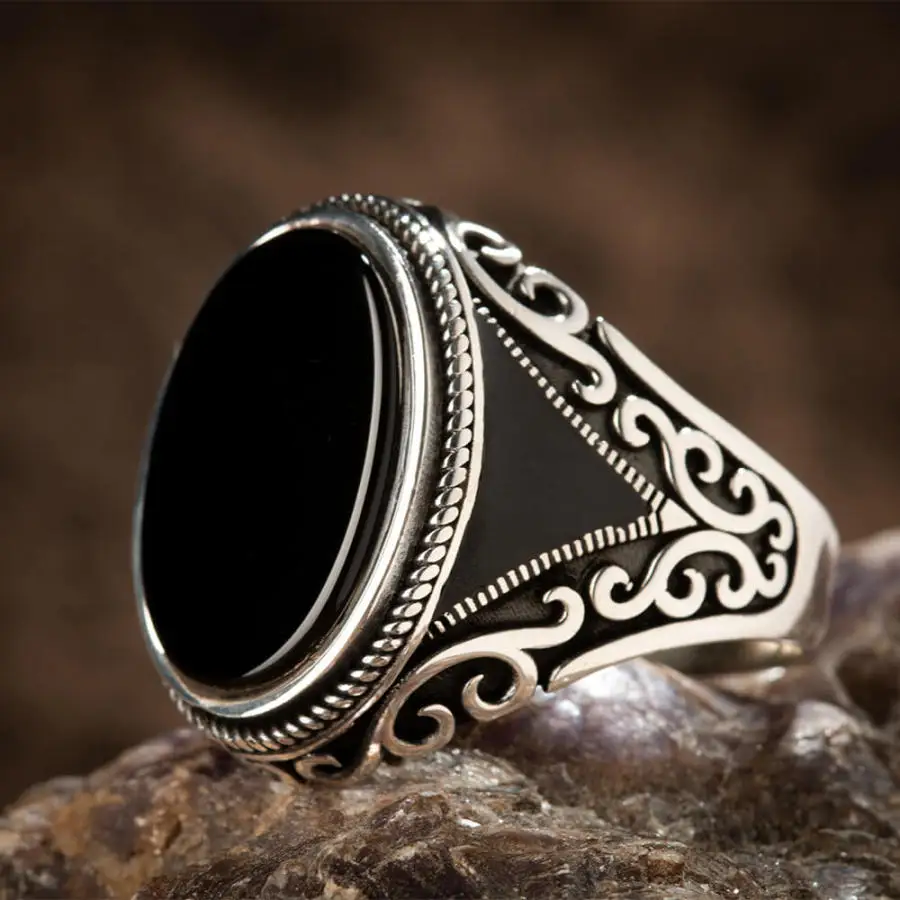 

Oval Design Silver Mens Ring with Black Onyx Stone Fashion Turkish Premium Quality Handmade Jawelery