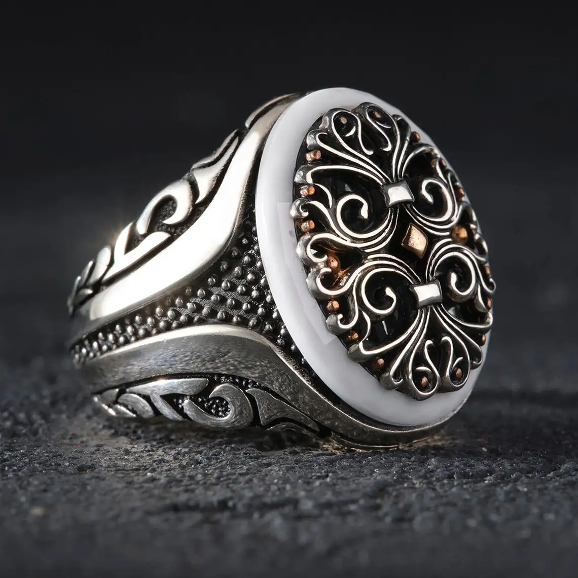 Genuine 925 Sterling Silver Turkish Ottoman Ring for Men Natural Ceramic Stone Mens Ring Cool Punk Male Rings Fashion Jewelry