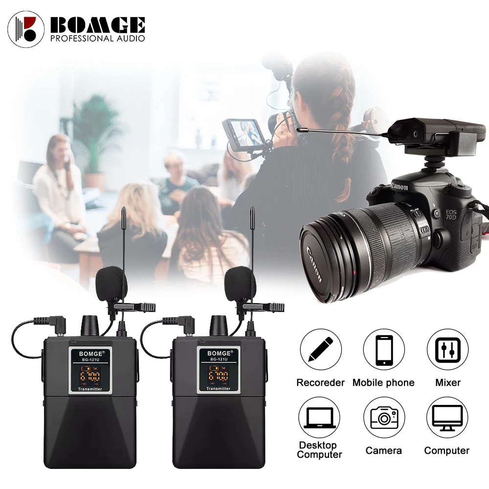 

BOMGE 30 Channel UHF Wireless Dual Lavalier Microphone System 65m Range for DSLR Cameras Smartphones Webcast Lapel Mic