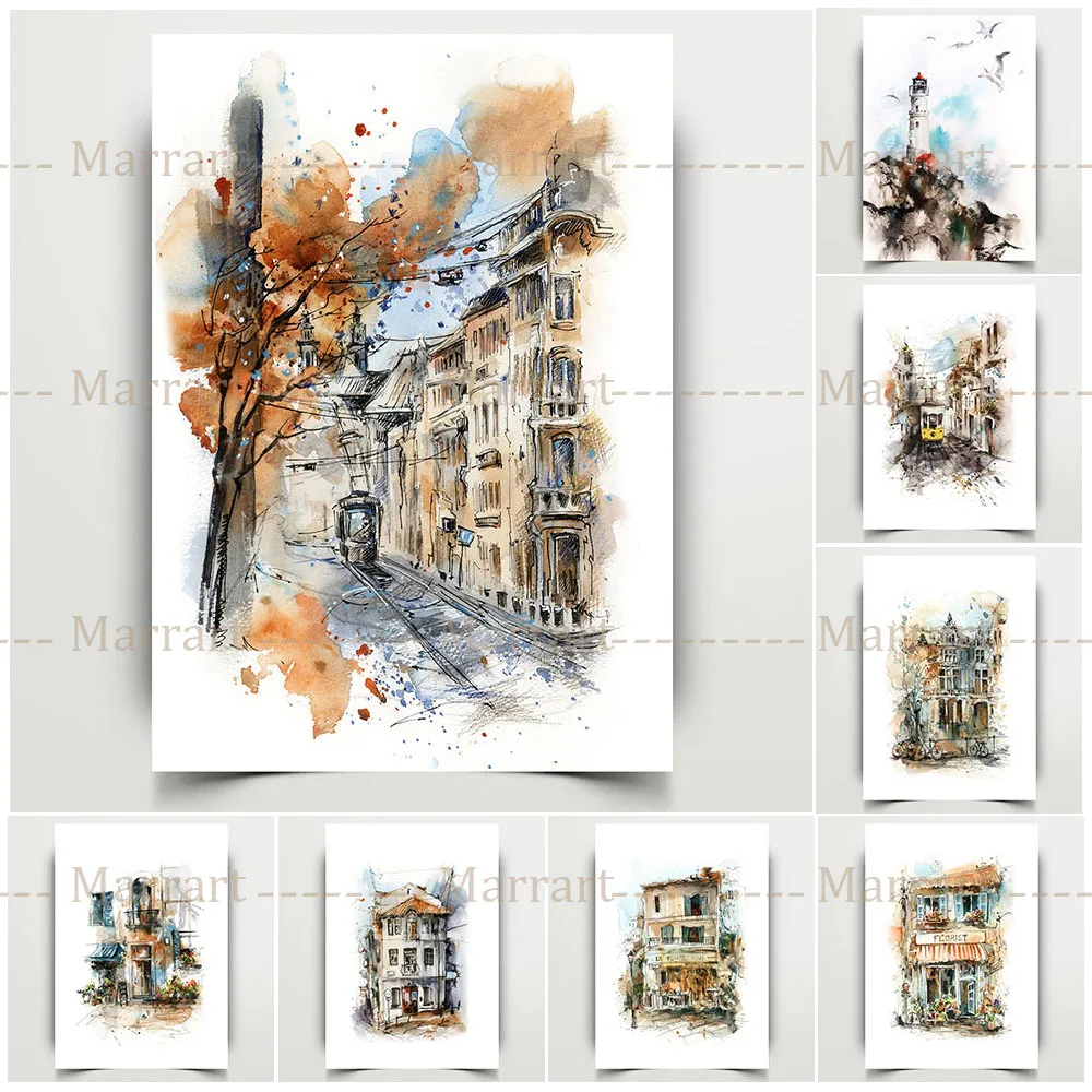 

City Travel Wall Art Canvas Painting Italian And Ukraine City Poster Home Decor European Houses Buildings Watercolor Prints
