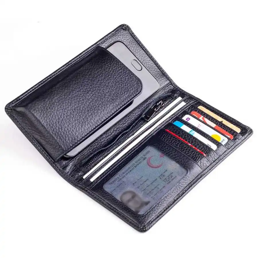 Vianel Genuine Leather Long Wallet with Cellphone Holder Black Wallet With Zipper Vertical Wallet New Design Slim Money Bag