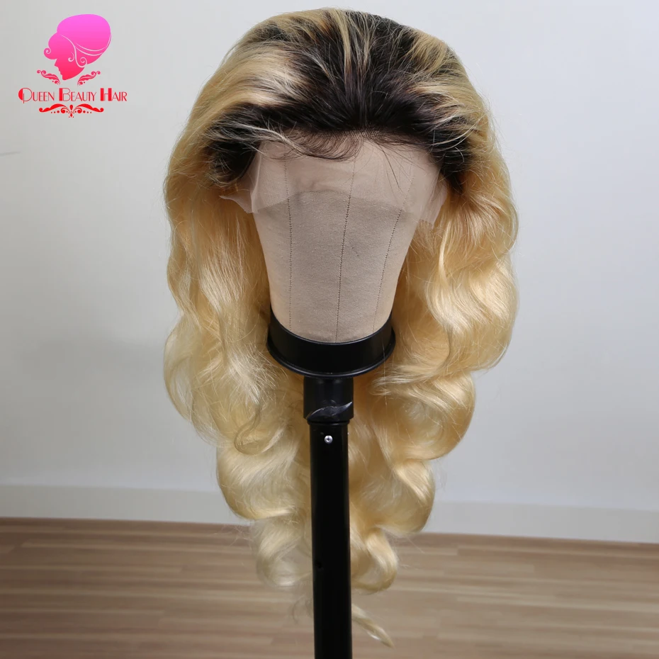 13x6 Full Lace Frontal Perücke aus Echthaar, 1B 613 Ombre Blonde Perücke mit dunklen Ansätzen, peruanische Body Wave Lace Front Echthaarperücken für Frauen – Detail 8