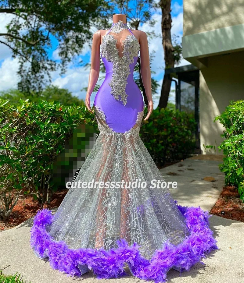 Light Purple Sequin Prom Dresses 2025 Halter Lace Beading Black Girls Party Gowns Feathers Long Homecoming Dress Customized