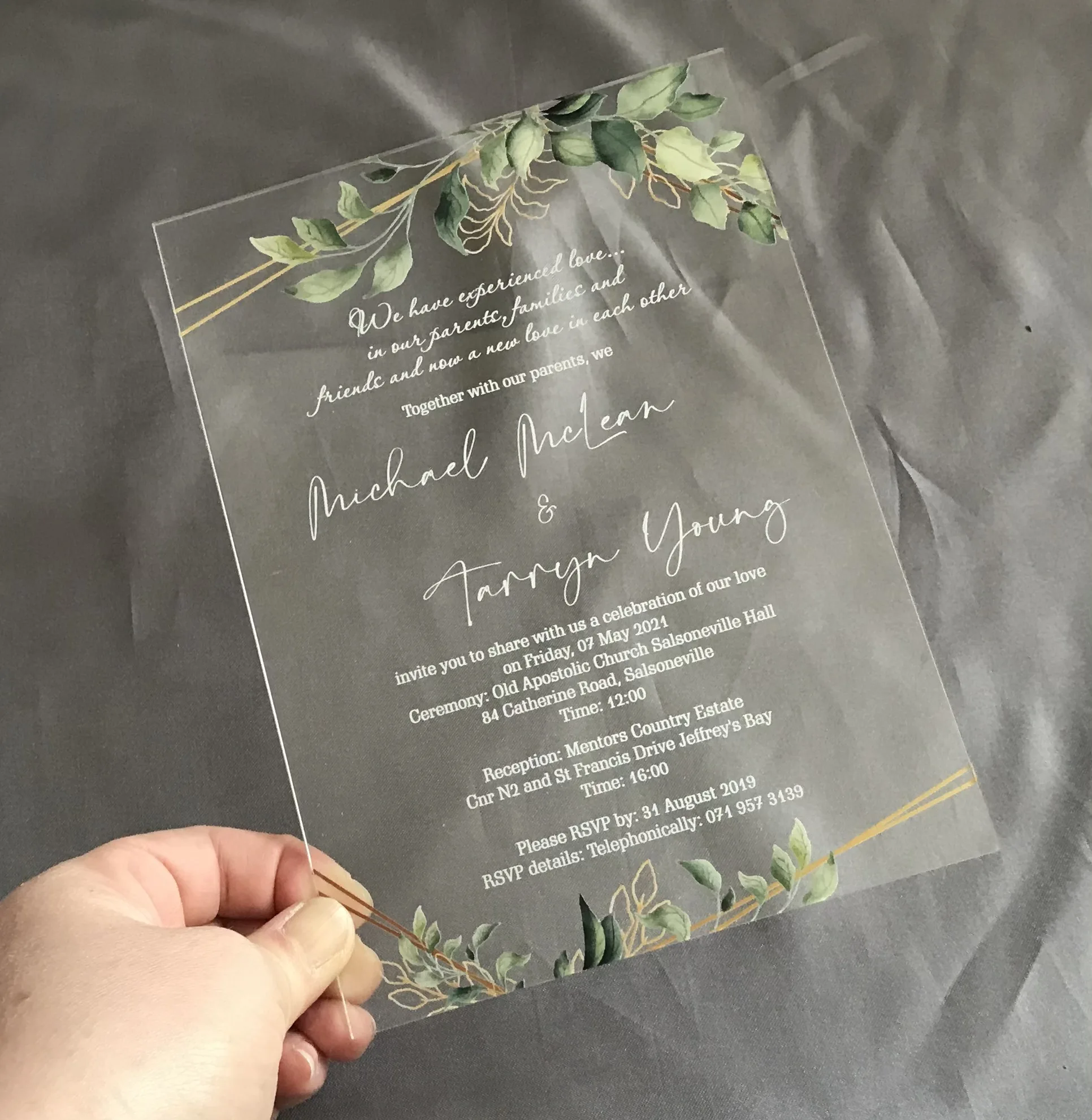 

Greenery Acrylic Wedding Invitation, Free Design, Transparent Invite, Gold Initials, Pocket Envelope for Party Decoration, 10PCs