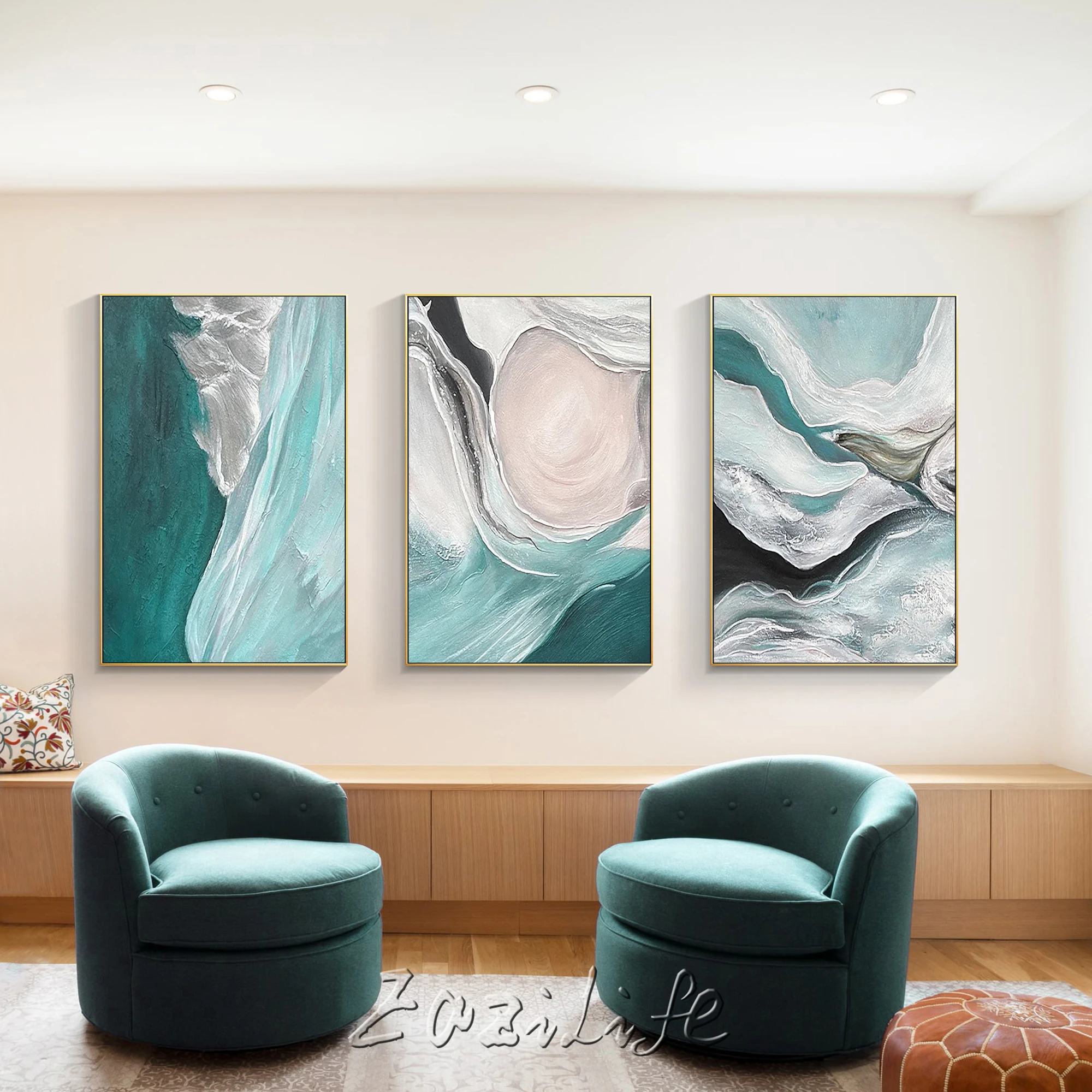 Green And White Abstract Acrylic Canvas Painting Scandinavian Art Painting Framed Wall Larger Wall Decor Art Interior Decoration