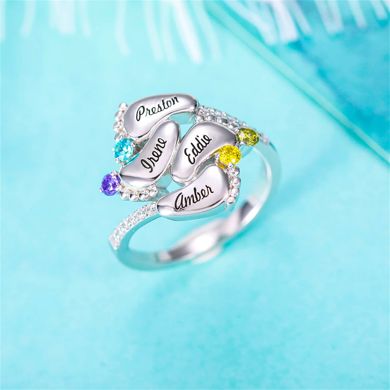 

Engraved Baby Feet Name Ring with Birthstone Dropshipping Baby Feet Ring With Birthstone Mother's Day Gift For Grandmother Mom