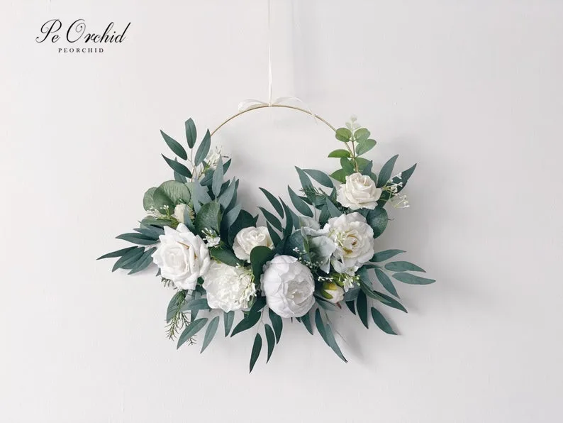 Peorquídea branco peônia hoop buquê de casamento boho personalizado eucalipto flores porta decorativa grinalda buquê de dama de honra anel