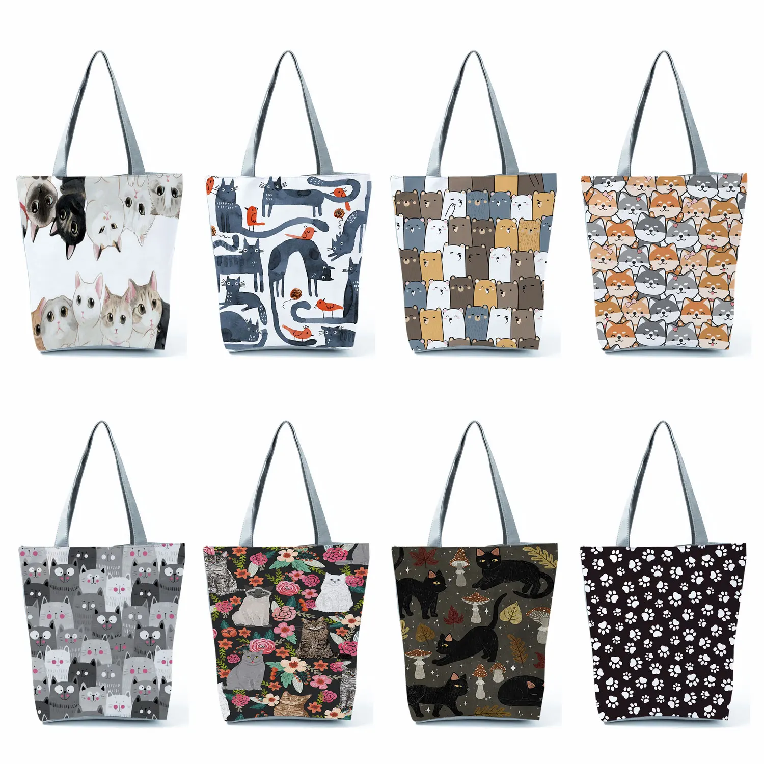 Cute Cartoon Floral Cat Print Women Shopping Bag Shoulder Bag Eco Storage Handbags Reusable Portable Foldable Grocery Tote Bags