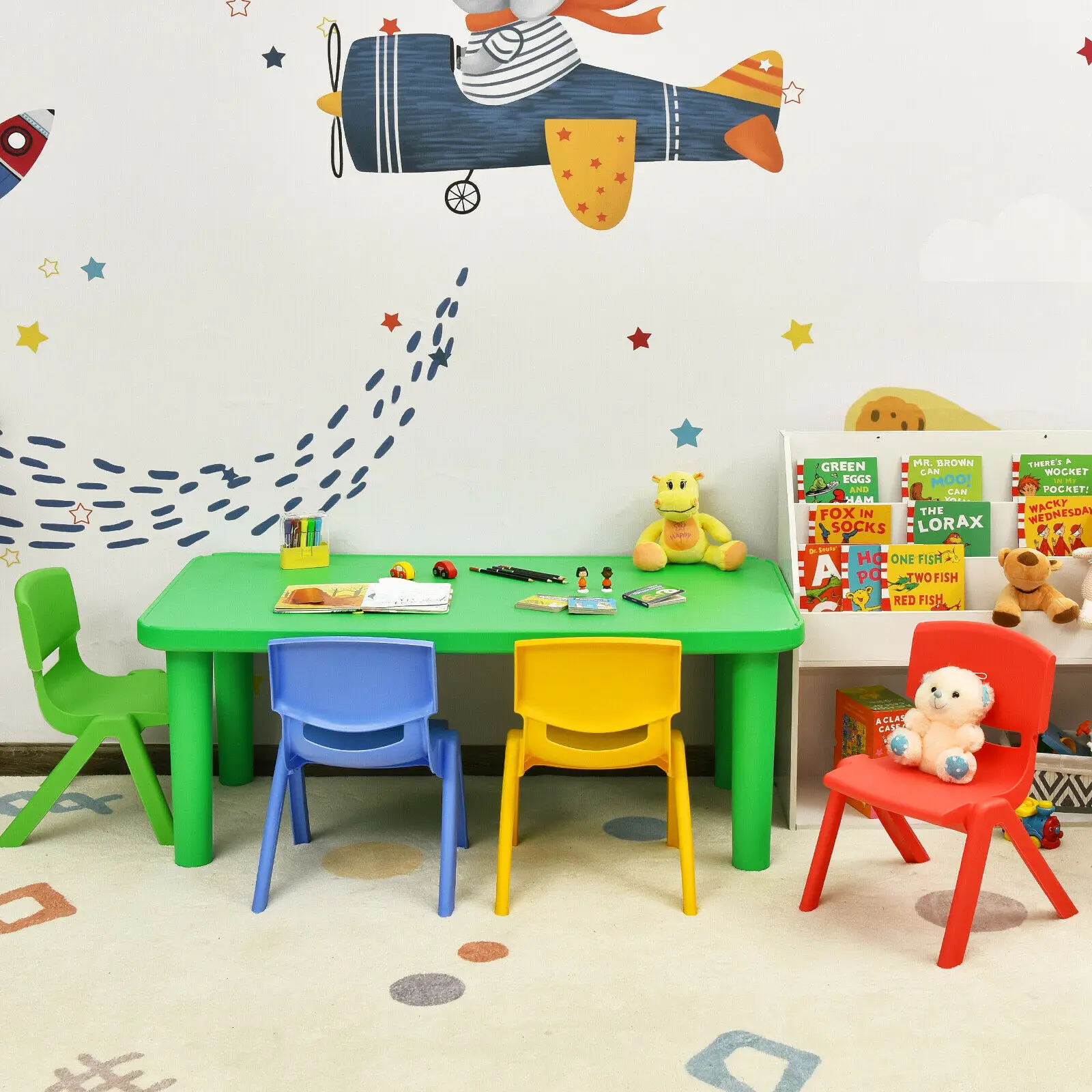 Nieuwe Kinderen Plastic Tafel En 4 Stoelen Set Kleurrijke Play School Thuis Plezier Meubels