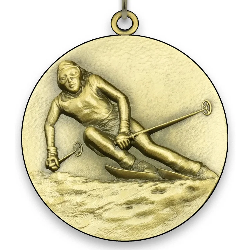 Large Metal - Skiing Medal Female - Gold - 6,4 cm - with Neck Ribbon size 2,2cm x 80 cm, Choice of Ribbon Colours.