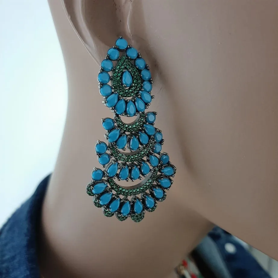 925 Sterling Silver Earrings Blue Stone Statement Long Big Boho Cute Dangle Stud Earrings серьги с камнями 925