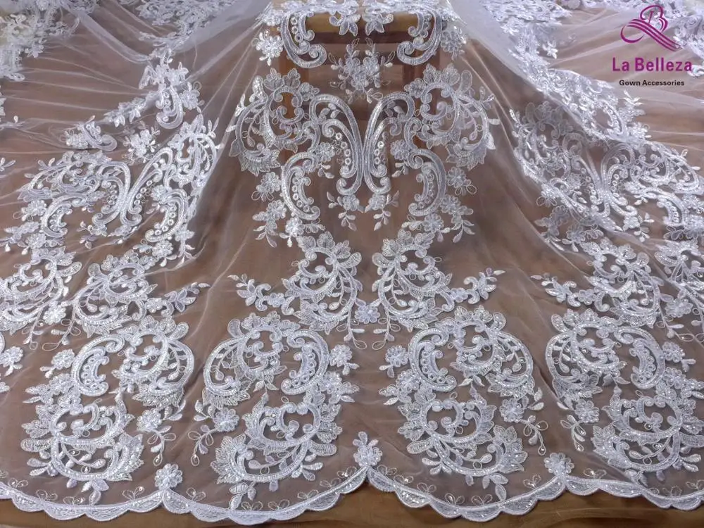 

La Belleza Pure white polyester with clear sequins large patteners wedding dress lace fabric 51'' width 1 yard