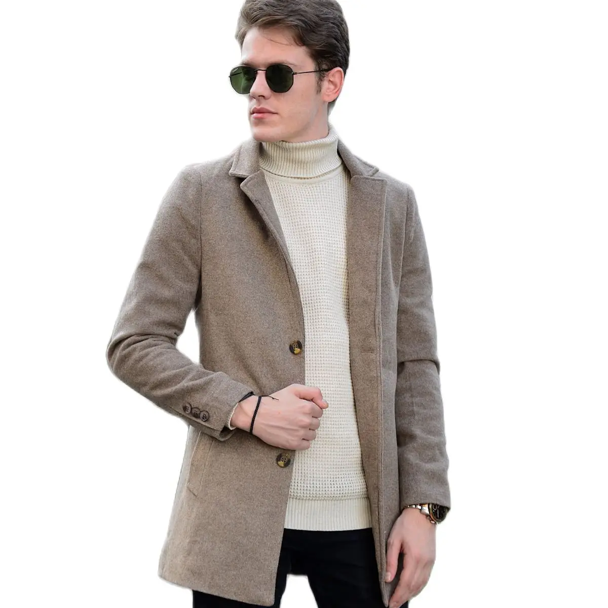 Men's Beige Color Cachet Jacket 2021 Autumn Winter Season Outwear High Quality SlimFit Young Style With Front Button Closure