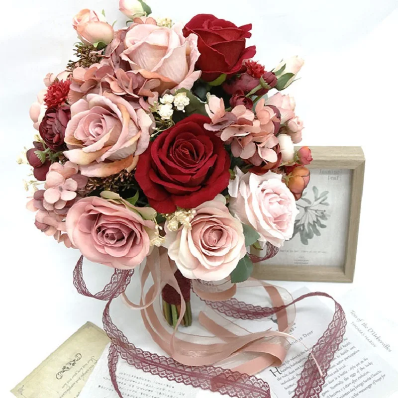 Pink Red Artificial Flowers Wedding Bouquet Marriage Party Accessories Bridal Bouquets Silk Roses Home Decoration for Bridesmaid