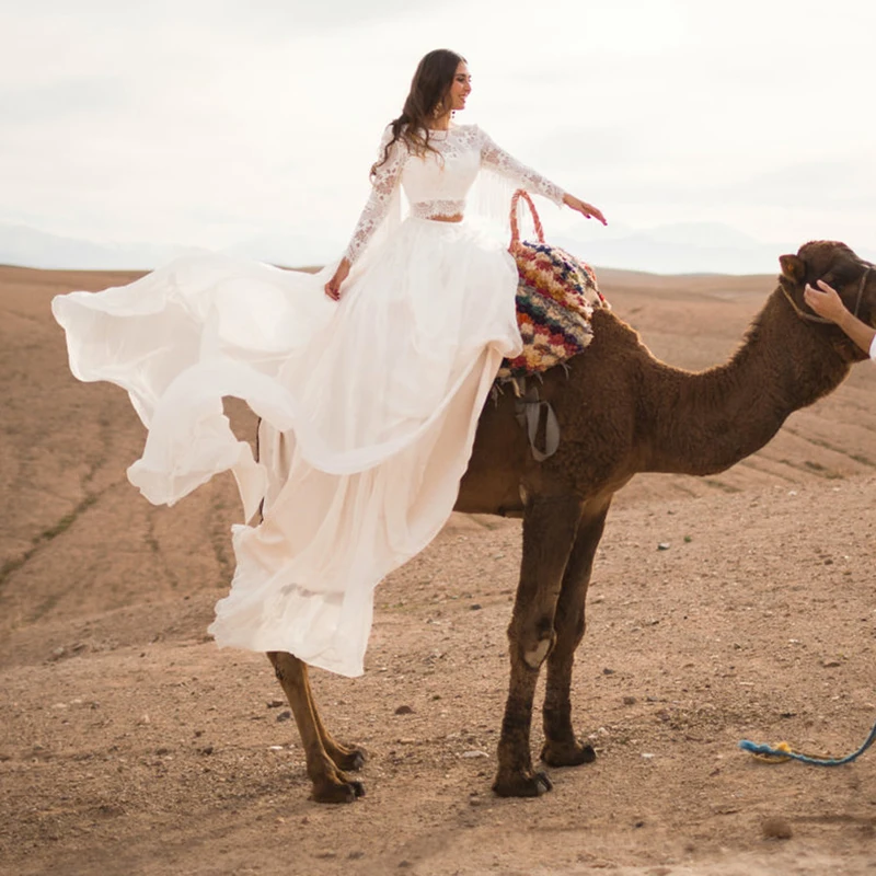 Renda chiffon areias praia vestido de casamento ao ar livre duas peças mangas compridas botões uma linha boho personalizado vestidos de noiva borlas