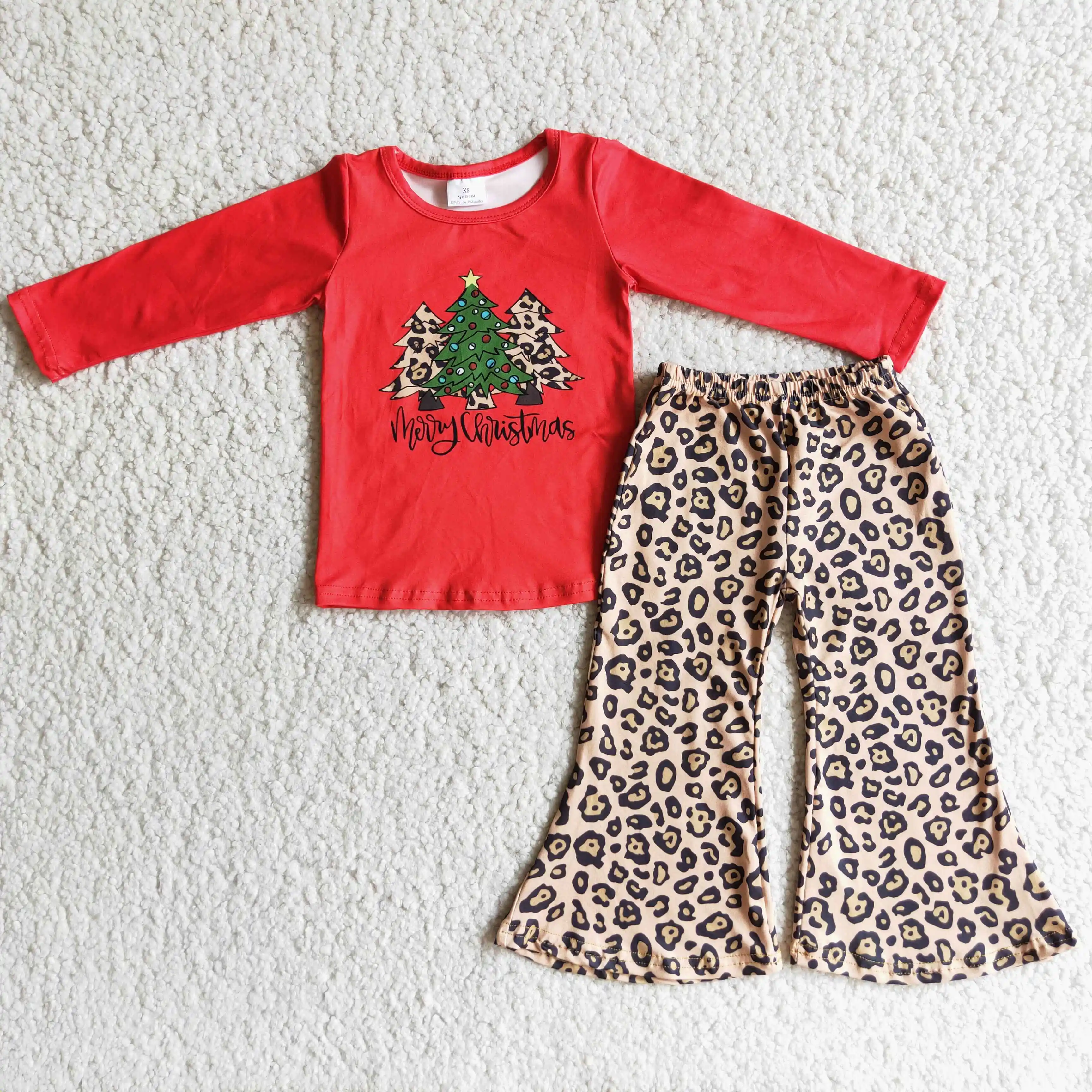 

Boutique Girls Christmas Tree Set Red Tops Leopard Print Wide Leg Pants Girls Holiday Costumes 2pcs