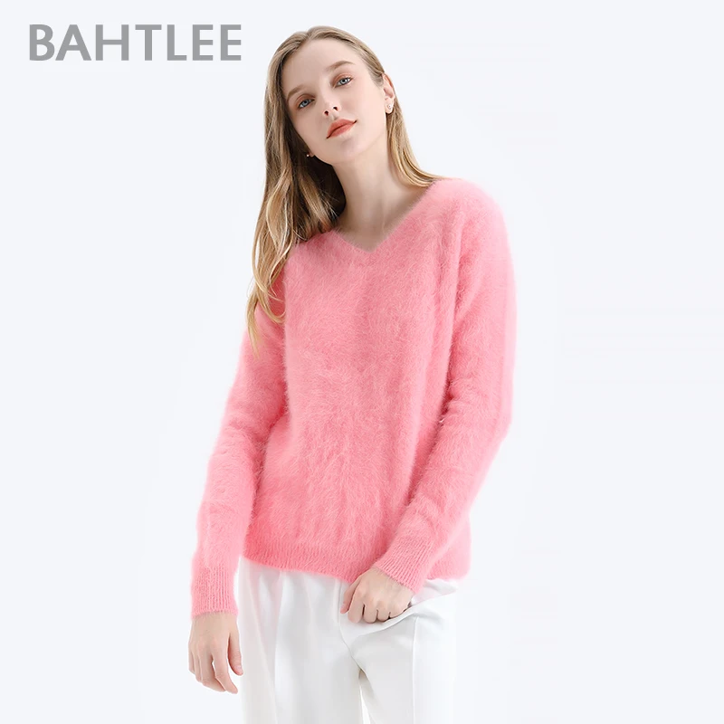 BAHTLEE-Women\'s Angora Wool Knitted Jumper, Long Sleeves, V-Neck Suit, Basic Style Pullovers, Pure Color, Autumn, Winter