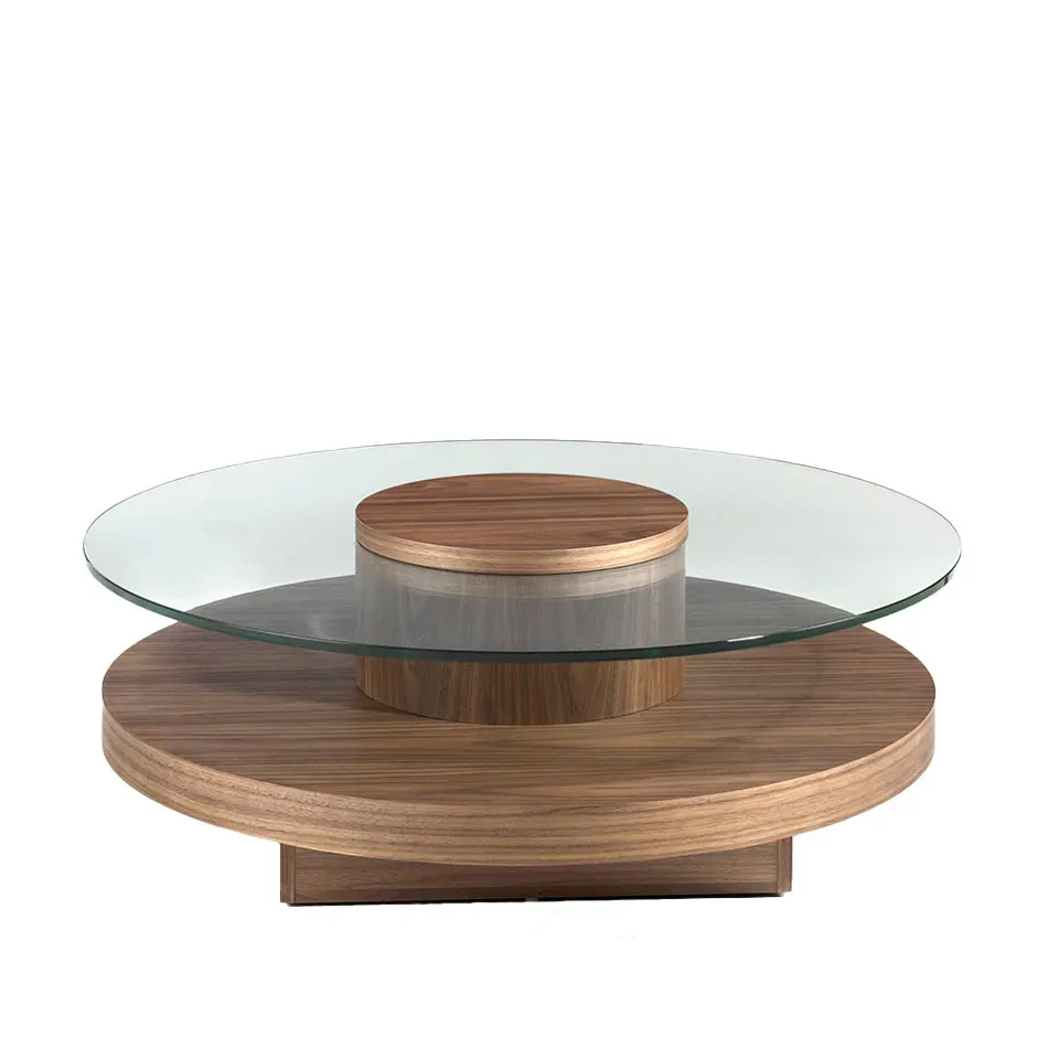 Coffee table 2052 Angel Cerdá-center table with walnut-plated wood structure and tempered glass lid.