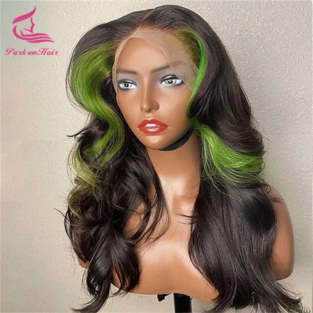 

Highlight Green With Black 13x4 13x6 Transparent Lace Frontal Wigs Brazilian Raw Body Wave Human Hair Wig For Women Pre-Plucking