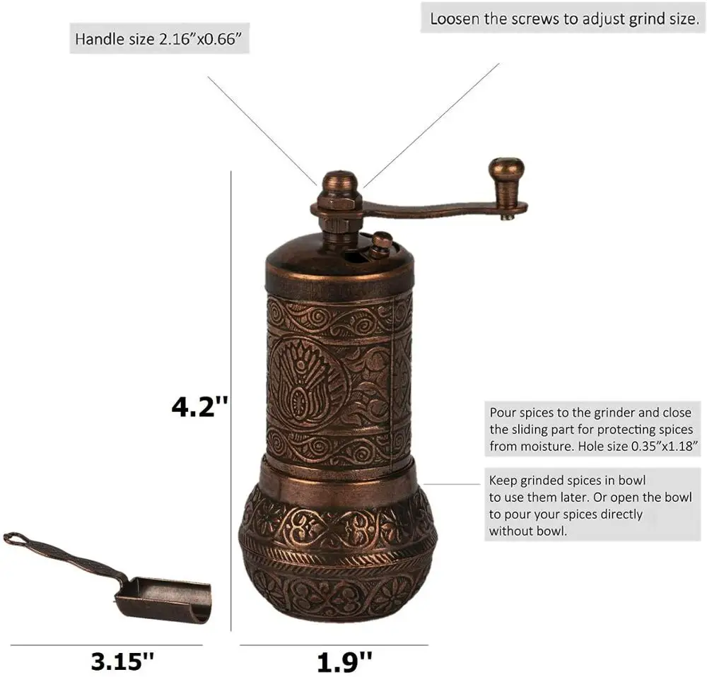 Antique Copper Turkish coffee Pepper Mill and Measuring Spoon-Spice Mill, Pepper Mill, english Mill (4.2 \