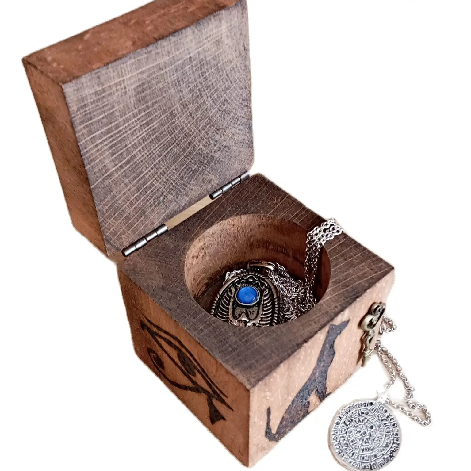 Ancient Egyptian Decor Rustic Wood Wedding Ring Necklace Box.