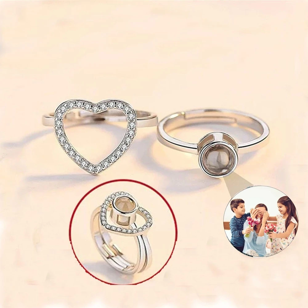 Dascusto New Heart Ring Personalized Projection Photo Rings Custom Couples Picture Wedding Jewelry 2Pc Adjustable Ring For Women