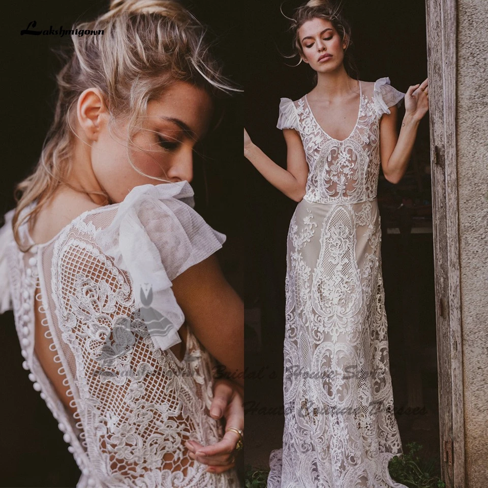 Lakshmigown-vestido de novia estilo sirena, traje Sexy de encaje con manga casquillo, botones de ilusión en la espalda, estilo bohemio, 2022