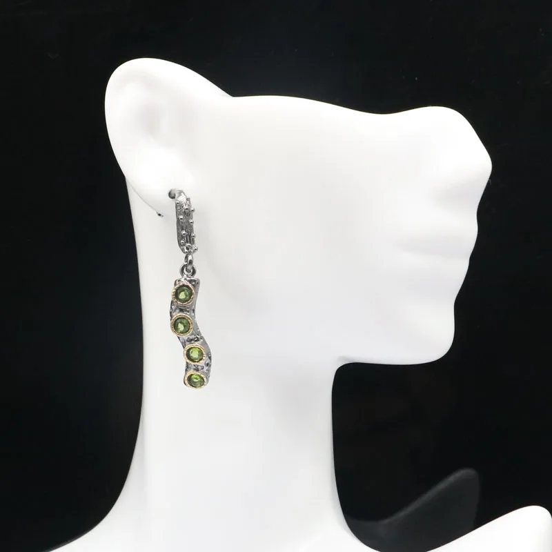 Buy 3 get 1 free 40x6mm 5.1g Vintage  Green Peridot Pink Tourmaline Black Metal Silver Earrings Daily Punk Hollow