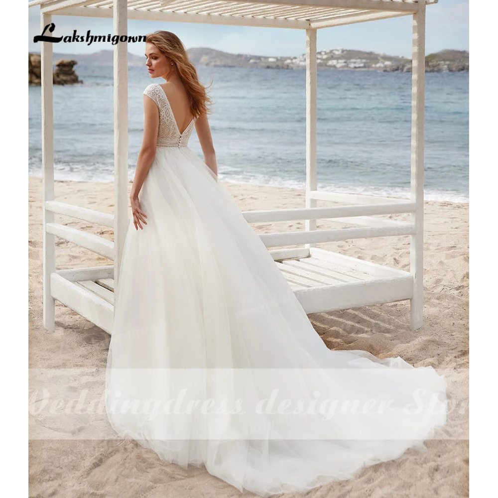 2022 vestido Boho Brautkleider A-linie Spitze Mieder Off-weiß Tüll Strand Brautkleid V-ausschnitt Kappen-hülsen robe femme mariages