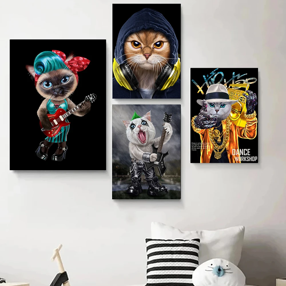 Cool Hip Hop Rapper Cat Posters Retro Guitarist Punk Rock Cat With Mohawk Canvas Painting Vintage Wall Pictures Room Home Decor