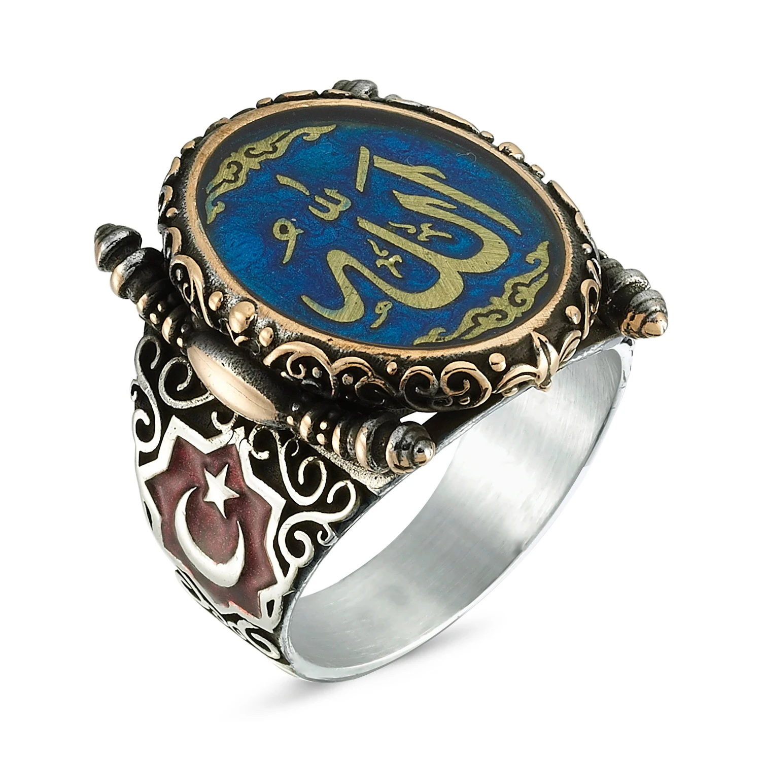 Trendy Arabic Men Ring Fashion Jewelry Accessories Muslim Islam Allah Writing 925 Silver Moon Star Turkish Ottoman Boho Muslim