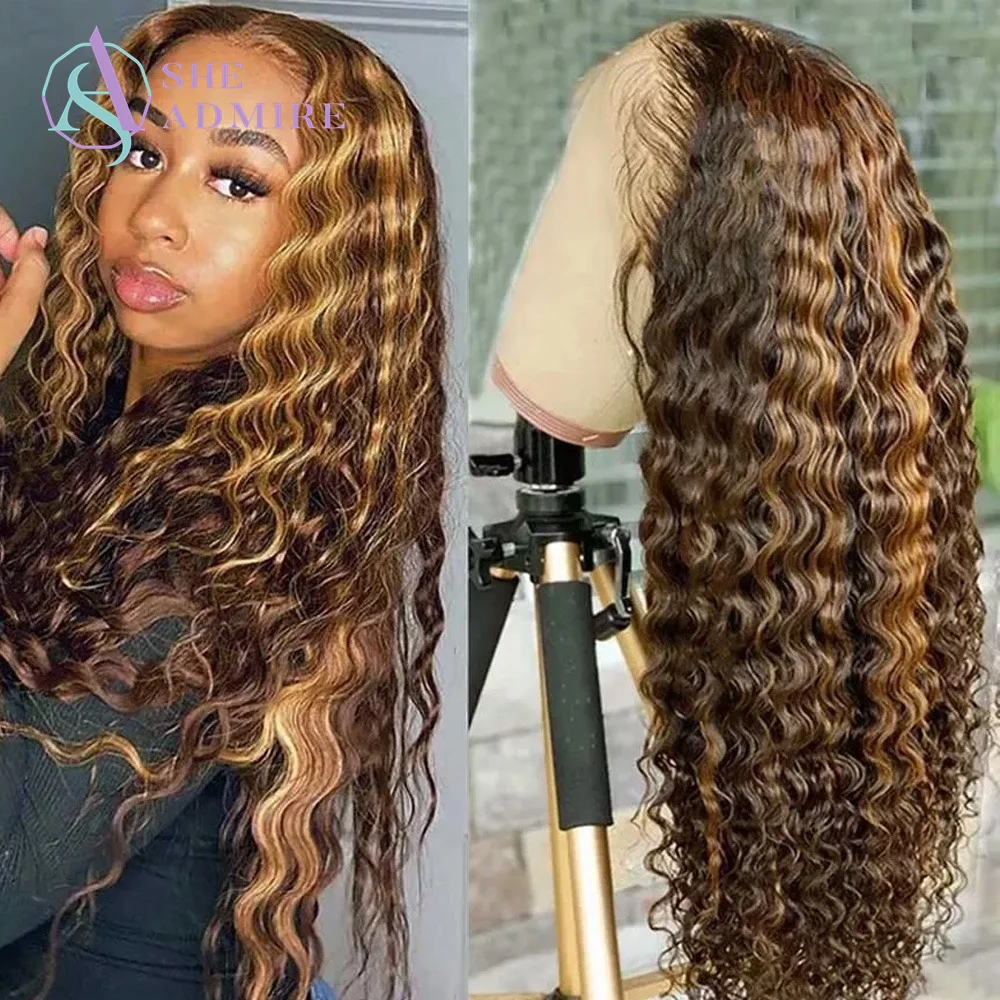 

Highlight T part Lace Front Wigs Deep Wave #4/27 Ombre Colored Glueless Human Hair Wigs for Black Women 13X4X1 Lace Pre Plucked