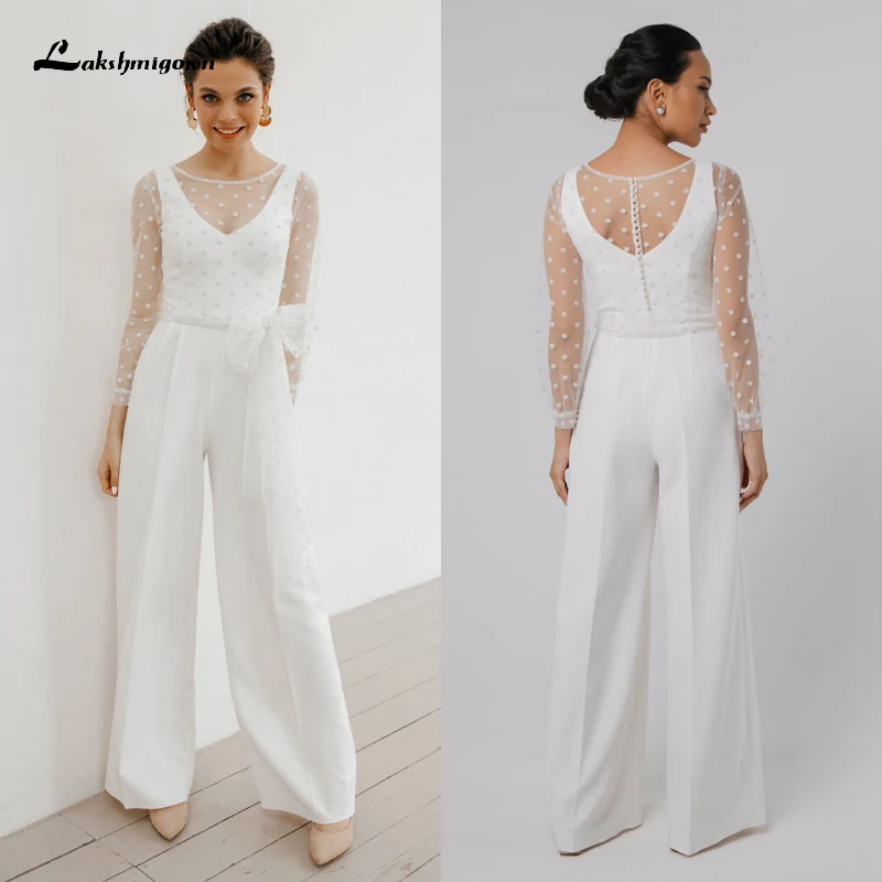 Modern Two Piece Set V-neck Full Cap Sleeve Lace Jumpsuit Wedding Dress 2023 Satin Bridal Gown Button Ankle-Length Sashes Bow