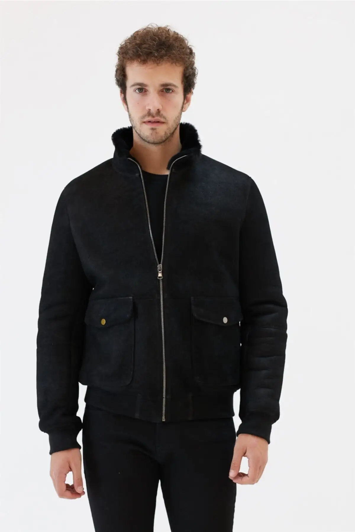 Veste de sport en peau de mouton véritable, veste d'hiver en cuir de mouton noir de Fast Moda, livraison gratuite