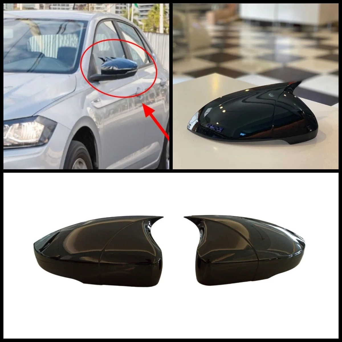 For Volkswagen Polo MK6 2018-2022 ABS Plastic Bat Wing 2 Pieces Mirror Covers Caps Rearview Mirror Case Cover Gloss Black Access