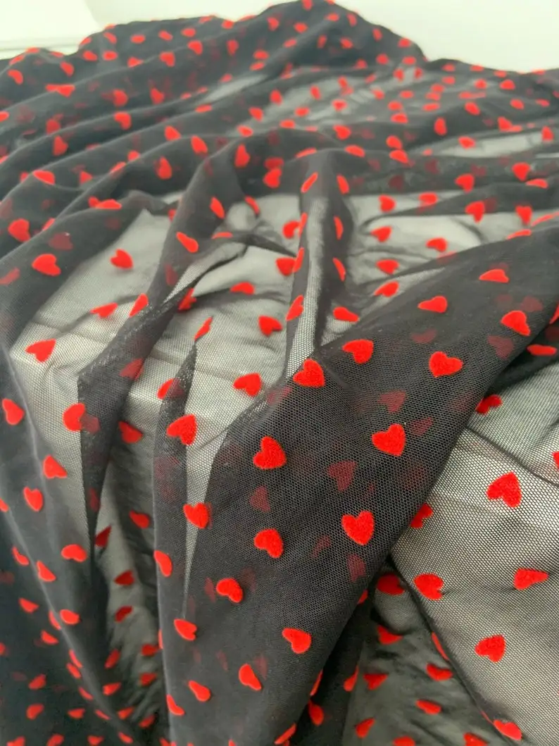 4 Way Stretch Tulle Fabric With Red Velvet Hearts Pink Stretchy Mesh Fabric Elastic Tulle Fabric Smooth Well Drape