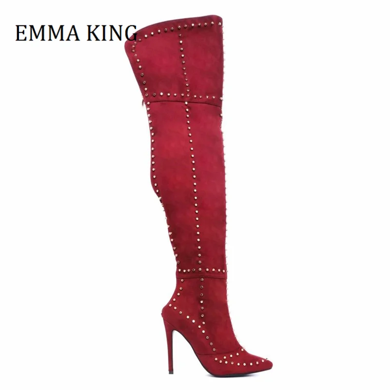 

2020 Winter Women Studded Over The Knee High Boots Faux Suede Red Thigh High Boots Back Zipper Rivet Shoes Woman Botas De Mujer