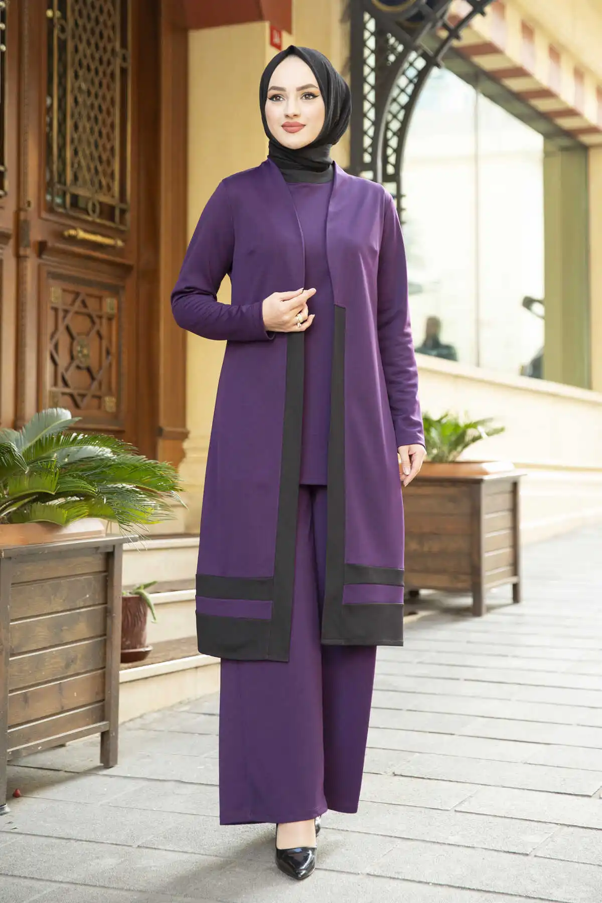 Conjunto de Hijab Triple a rayas para mujer, traje informal con botón frontal, vestido de moda musulmana, Abaya de Dubái traje doble de punto a