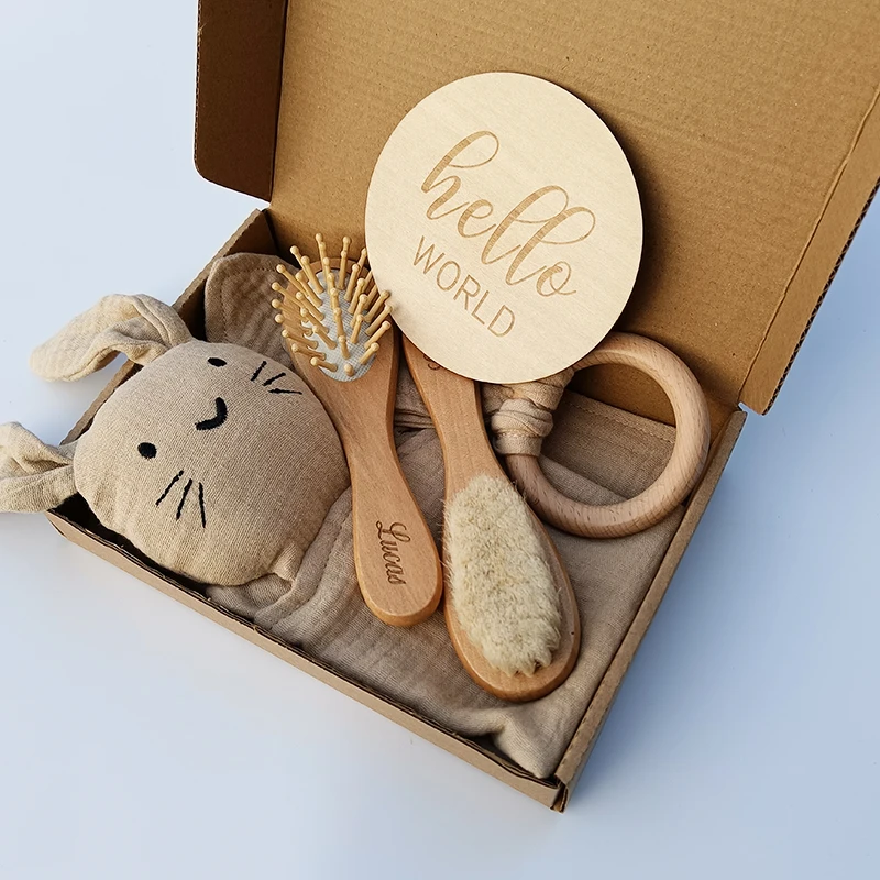 Personalized Wooden Newborn Brush Baby Boy Girl Soft Hair Massager New Handle Wool Natural Comb Kids Hairbrush Photo Set
