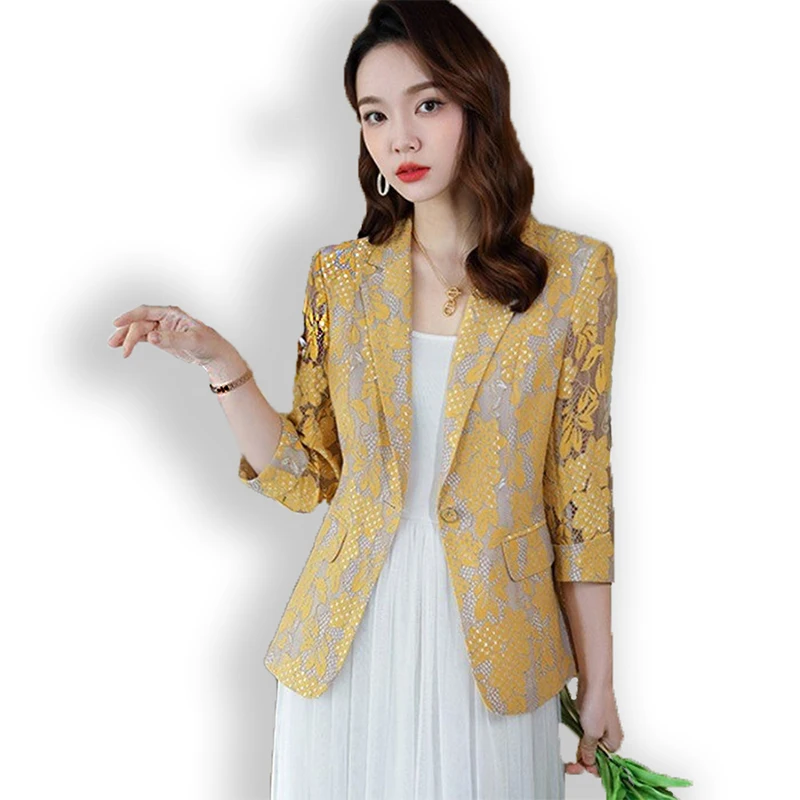 2024 spring and summer new lace suit women's Korean version slim waist blazers casual lapel three-quarter sleeve thin blazer