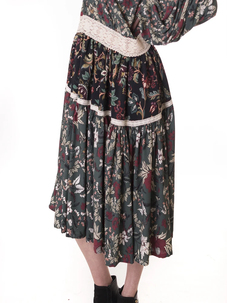 Women's Midi dress, clothing long skirt, bohemian style and hippie. With full sleeve floral print, round neck