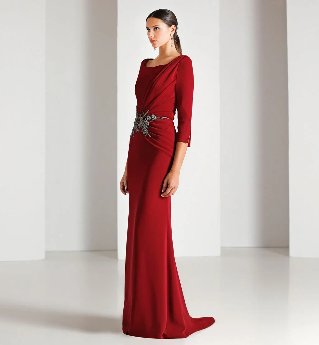 Robe de Soirée en Satin Rouge Foncé, Manches Mi-sulf, Style Sirène, Longue, Sexy, Formelle, Quelle que soit la Fabrication de l'École ome