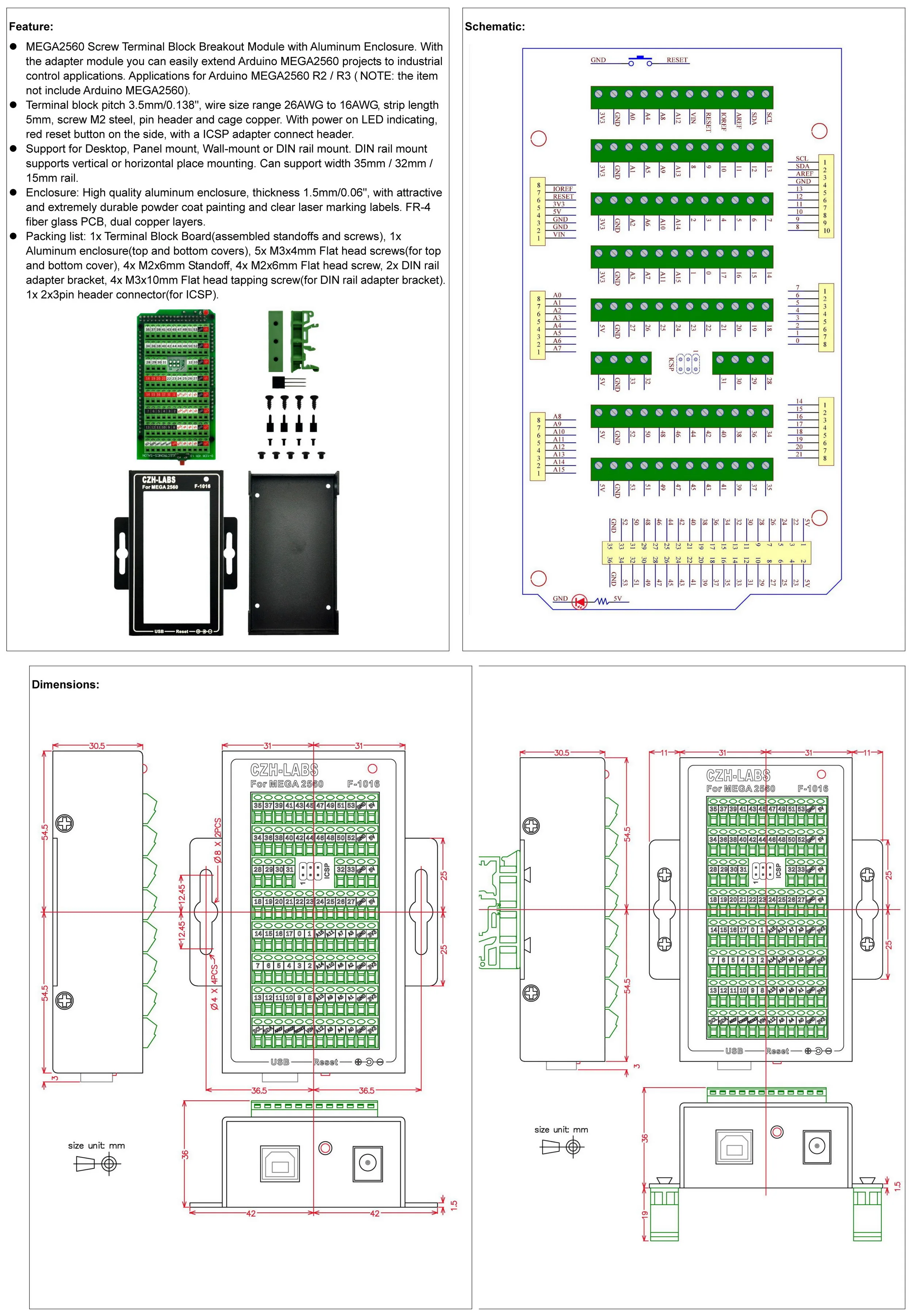 알루미늄 인클로저 포함 터미널 블록 브레이크아웃 모듈, MEGA 2560 R3 용