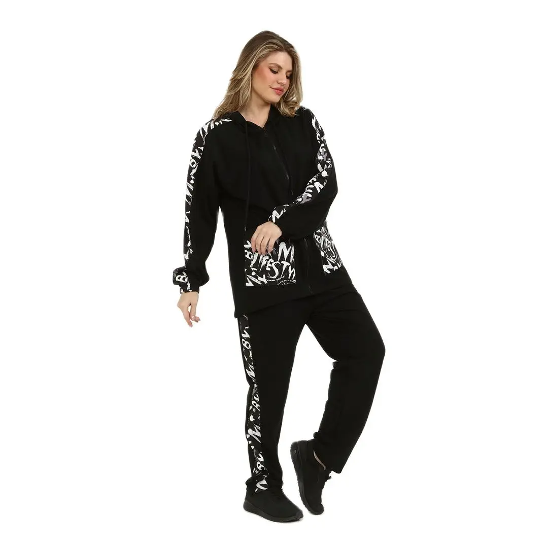 Women’s Plus Size Black Sweatsuit Set 2 Piece Pocket Detail Zipper Tracksuit, Designed and Made in Turkey, New Arrival