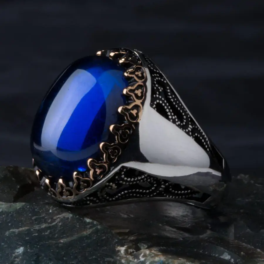 Customizable Sterling Silver Mens Ring with Blue Zircon Stone Fashion Turkish Premium Quality Handmade Jawelery