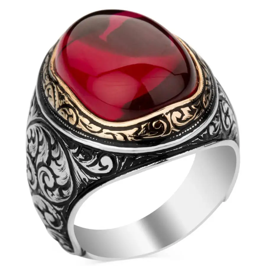 Elegant Design 925 Sterling Silver Oval Ruby With Ottoman Motif Men's Ring Vintage Handcarved Jewelery Accesory Gift For Him