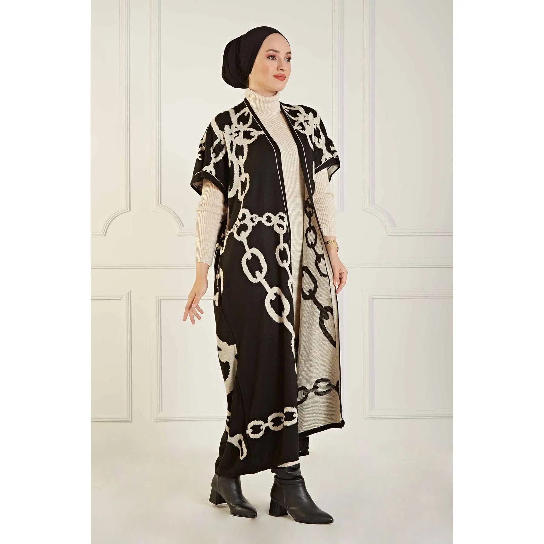 2 Piece Women\'s Knitted Set Maxi Turtleneck Dress and Maxi Bat wing sleeve Cardigan Chain Patterned Knitwear Suit Muslim Fashion