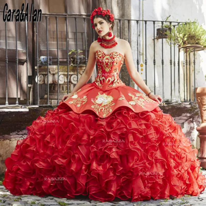 Charro-Vestidos De quinceañera con bordado De corazón, falda con volantes y cuentas, Vestidos De 15 Años