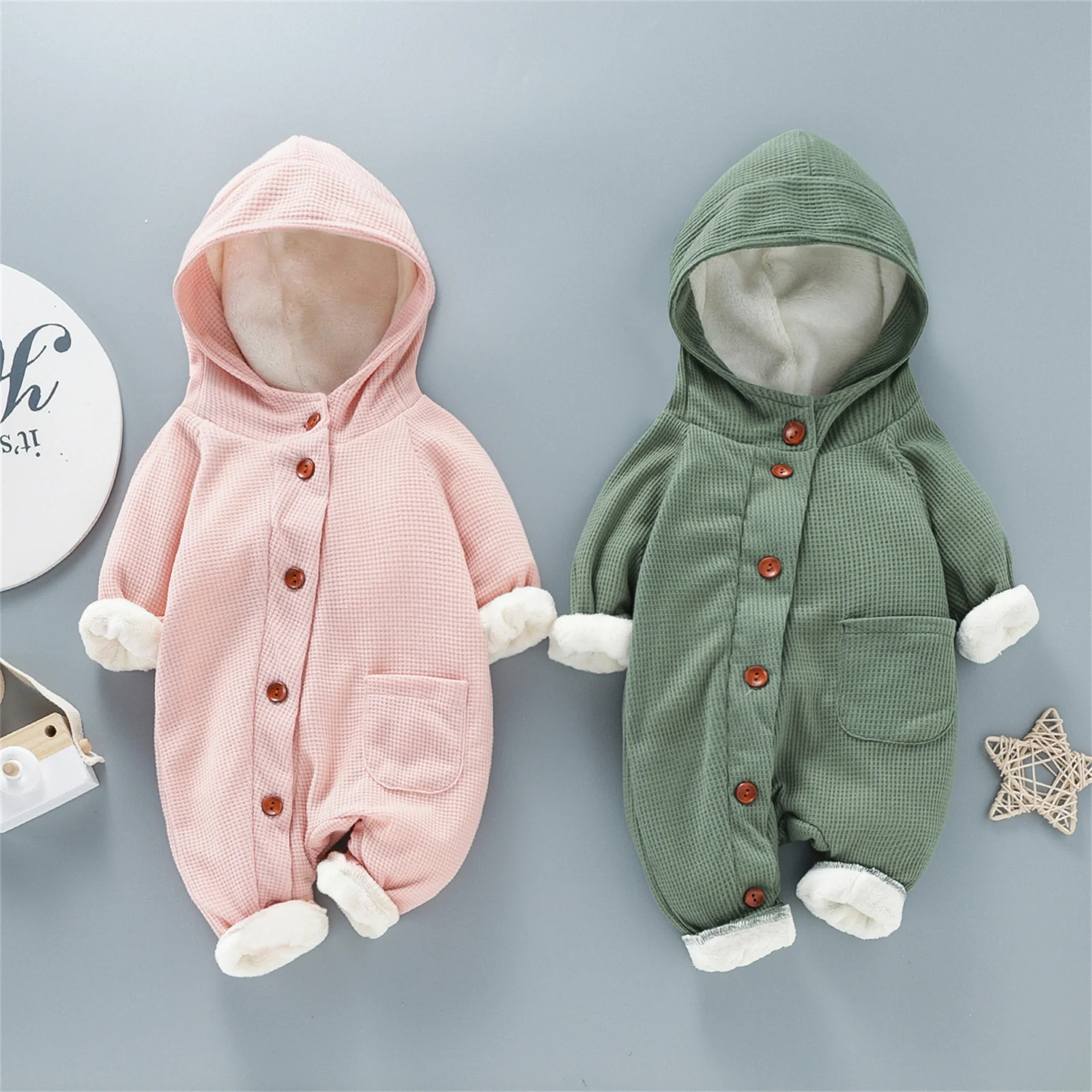 PatPat Jumpsuit wafel bertudung bayi, Jumpsuit hoodie lengan panjang tebal katun 95% lengan panjang bayi laki-laki dan perempuan